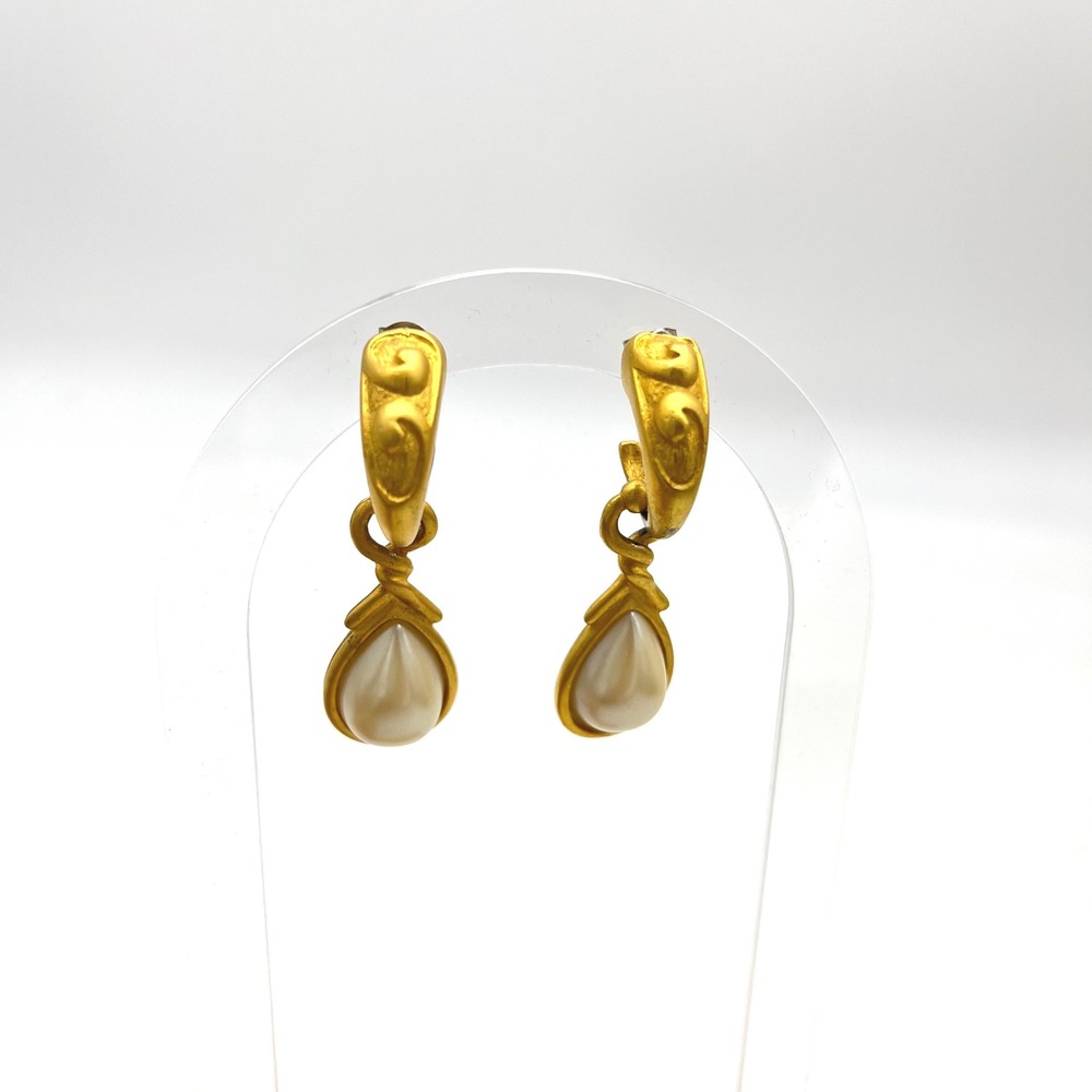 Matte Gold Tone Faux Pearl Teardrop Scroll Hoop Dangle Earrings 1.5"